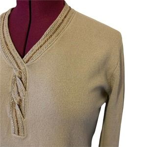 Vtg 80s YI FAN JAN Sweater Beaded Beige V-Neck Women's Size L/XL